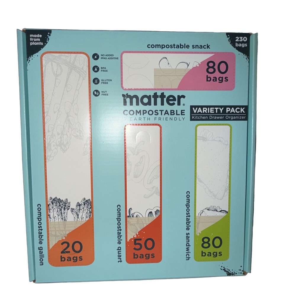 Matter Compostable Variety Pack 230 Bags Kitchen Drawer Organizer BPA PFAS Free